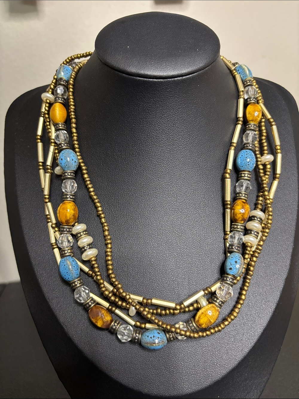 Premier Designs Layered Blue Amber Stone Beaded Necklace Gold Accent Mixed Media